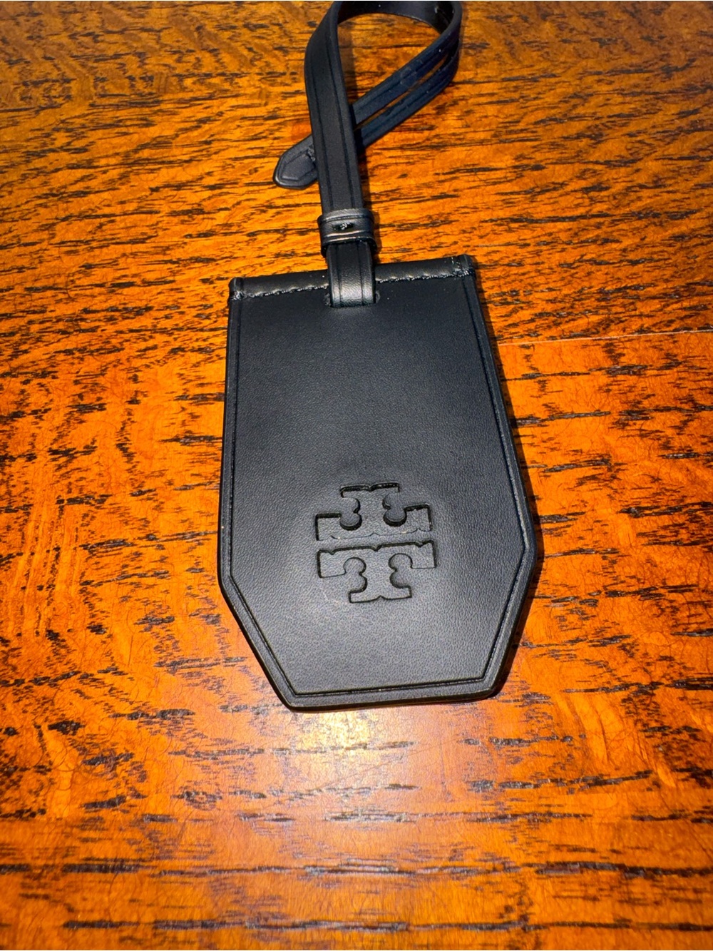 Tory Burch Black Leather Luggage Tag/Bag Charm  with Embossed Logo